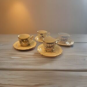 VINTAGE ATLAS CHINA COACH SERIES Set of 4 CUP SAUCER 22 Karat GOLD